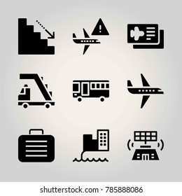 Airport vector icon net. control tower, cityscape, airplane ticket and stairs car