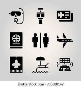 Airport vector icon net. toilet, scuba diving, passport and control tower