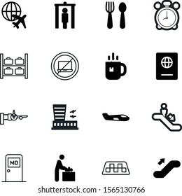 airport vector icon set such as: lunch, toilet, station, machine, fork, frame, diagnosis, around, entrance, boarding, single, area, person, silverware, biplane, beverage, coffee, healthy, cab