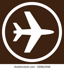 Airport vector icon. Style is flat white symbol, rounded angles, brown background.