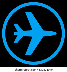 Airport vector icon. Style is flat blue symbol, rounded angles, black background.