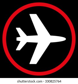 Airport vector icon. Style is flat bicolor red and white symbol, rounded angles, black background.