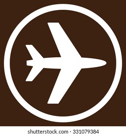 Airport vector icon. Style is flat white symbol, rounded angles, brown background.