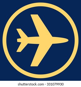 Airport vector icon. Style is flat yellow symbol, rounded angles, blue background.