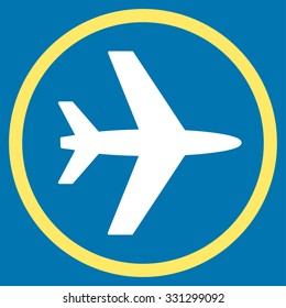 Airport vector icon. Style is flat bicolor yellow and white symbol, rounded angles, blue background.