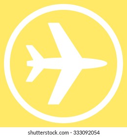 Airport vector icon. Style is flat white symbol, rounded angles, yellow background.