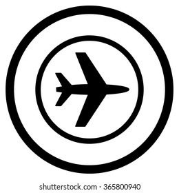 Airport vector icon. Style is flat circled symbol, black color, rounded angles, white background.
