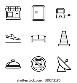 Airport vector icons. Set of 9 Airport outline icons such as satellite, plane landing, no laptop, sofa, laptop connection, dish, store, cone barrier