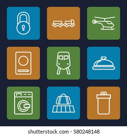 Airport vector icons. Set of 9 Airport outline icons such as luggage belt, train, trash bin, dish, passport, washing machine, truck with luggage, helicopter