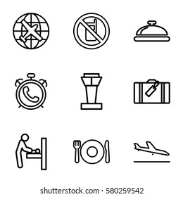 Airport vector icons. Set of 9 Airport outline icons such as airport tower, plane landing, luggage, plate fork and spoon, alarm, no phone, dish, baby changing room