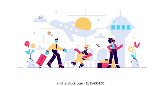 Airport vector illustration. Flat aerodrome with air passenger and luggage. Aircraft and control tower for arrival and departure. Waiting for holiday check in and boarding. Commercial airplane service