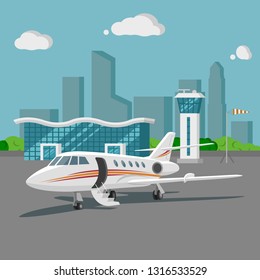 Airport vector illustration. Flat design cityscape. Business jet