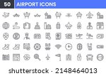 Airport vector line icon set. Contains linear outline icons like Plane, Ticket, Baggage, Seat, Wifi, Bag, Departure, Terminal, Passport, Transport, Luggage, Airplane. Editable use and stroke for web