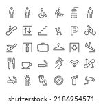 Airport vector line icon set. line icons of planes, arrivals, departures, suitcases, stairs, Wifi, Bags, Terminals, toilets, cafes, parking, smoking, prohibitions etc. Editable use for web
