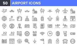 Airport Vector Line Icon Set. Contains Linear Outline Icons Like Plane, Ticket, Baggage, Seat, Wifi, Bag, Departure, Terminal, Passport, Transport, Luggage, Airplane. Editable Use And Stroke For Web