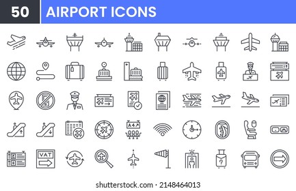 Airport Vector Line Icon Set. Contains Linear Outline Icons Like Plane, Ticket, Baggage, Seat, Wifi, Bag, Departure, Terminal, Passport, Transport, Luggage, Airplane. Editable Use And Stroke For Web