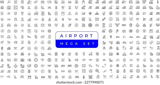 Airport vector line icon set. Contains linear outline icons like Plane, Ticket, Baggage, Seat, Wifi, Bag, Departure, Terminal, Passport, Transport, Luggage, Airplane