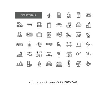 Vektorsymbol am Flughafen. Enthält lineare Umrisssymbole wie Flugzeug, Ticket, Gepäck, Sitz, Wifi, Beutel, Abflug, Terminal, Reisepass, Transport, Gepäck, Flugzeug.