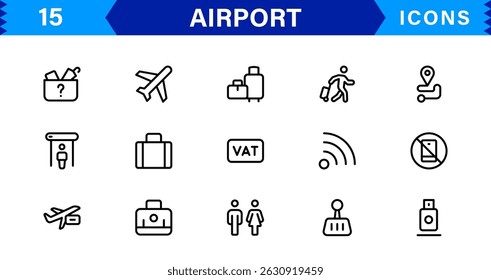 Conjunto de ícones de linha de vetor do aeroporto. Contém ícones de contorno linear como Avião, Bilhete, Bagagem, Terminal, Passaporte, Bagagem, Partida, Voo, Transporte, Avião. Uso e traçado editáveis para a Web