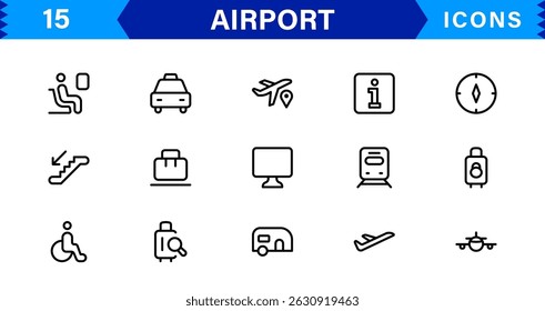 Conjunto de iconos de línea de Vector del aeropuerto. Contiene iconos de contorno lineal como Avión, Billete, Equipaje, Terminal, Pasaporte, Equipaje, Salida, Vuelo, Transporte, Avión. Uso y trazo editables para el Web