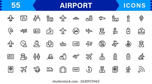 Airport vector line icon set. Contains linear outline icons like Plane, Ticket, Baggage, Terminal, Passport, Luggage, Departure, Flight, Transport, Airplane. Editable use and stroke for web