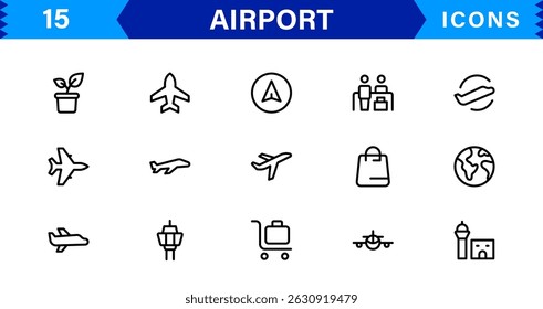 Conjunto de ícones de linha de vetor do aeroporto. Contém ícones de contorno linear como Avião, Bilhete, Bagagem, Terminal, Passaporte, Bagagem, Partida, Voo, Transporte, Avião. Uso e traçado editáveis para a Web