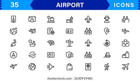 Symbolsatz für Flughafenvektorzeile. Enthält lineare Symbole wie Flugzeug, Ticket, Gepäck, Terminal, Pass, Gepäck, Abflug, Flug, Transport, Flugzeug. Bearbeitbare Verwendung und Strich für das Web