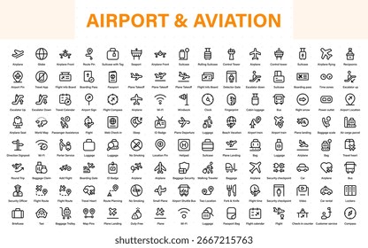 Conjunto de iconos de línea de Vector del aeropuerto. Contiene iconos de contorno lineal como Avión, Boleto, Equipaje, Asiento, Wifi, Bolsa, Salida, Terminal, Pasaporte, Transporte, Equipaje, Avión.