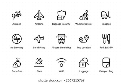 Airport vector line icon set. Contains linear outline icons like Plane, Ticket, Baggage, Seat, Wifi, Bag, Departure, Terminal, Passport, Transport, Luggage, Airplane.