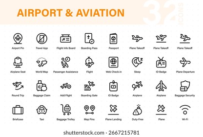 Symbolsatz für Flughafenvektorzeile. Enthält lineare Umrisssymbole wie Flugzeug, Ticket, Gepäck, Sitz, Wifi, Tasche, Abflug, Terminal, Reisepass, Transport, Gepäck, Flugzeug.