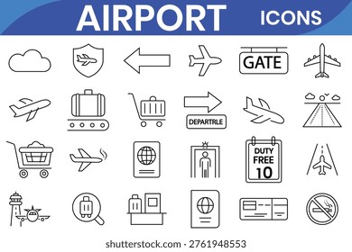 Airport vector line icon set. Contains linear outline icons like Plane, Ticket, Baggage, Seat, WIFI, Bag, Departure, Terminal, Passport, Transport, Luggage, Airplane. vector illustration.