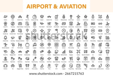 Airport vector line icon set. Contains linear outline icons like Plane, Ticket, Baggage, Seat, Wifi, Bag, Departure, Terminal, Passport, Transport, Luggage, Airplane.