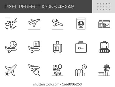 Airport Vector Line Icons. Air Transportation, Air Travel, Tickets, Baggage Claim, Takeoff and Landing of Aircraft. Editable Stroke. 48x48 Pixel Perfect.