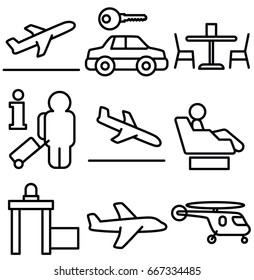 airport vector thin line icon set