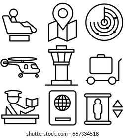 airport vector thin line icon set