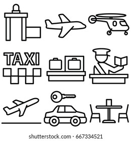 airport vector thin line icon set