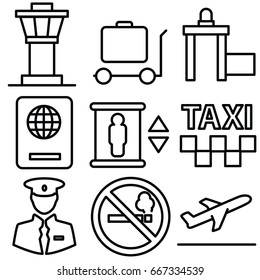 airport vector thin line icon set