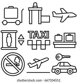 airport vector thin line icon set