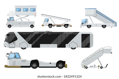 Airport vehicle. Vector tow truck, passenger ladder, modern bus, baggage cart, boarding stairs on wheel object set. Airport transport work on airfield illustration. Airport terminal service car