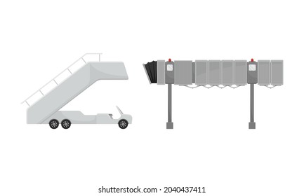 Airport vehicles set. Ladder, boarding bridges and jetway vector illustration