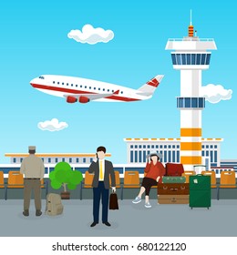 Airport , View on Airplane and Control Tower through the Window from a Waiting Room with People , Travel Concept, Flat Design, Vector Illustration 