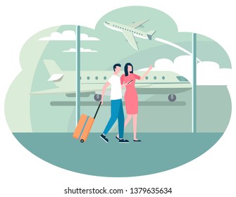 Airport view on planes and flying aircrafts vector, couple ready to have fun at vacation. Man and woman walking and holding baggage brought on vacation