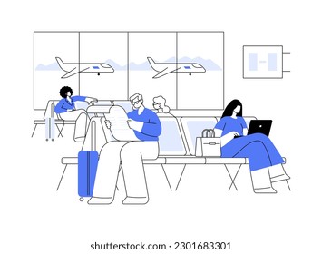 Airport waiting area abstract concept vector illustration. Group of multiethnic passengers waiting for flight, airway transportation, commercial air transport, before departure abstract metaphor.