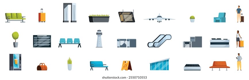 Ícones da área de espera do aeroporto definidos. Os ícones do terminal do aeroporto retratam diversas comodidades, incluindo assentos, verificações de segurança e exibições de informações, juntamente com os passageiros que se preparam para suas viagens