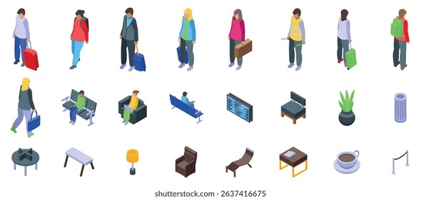  Airport waiting area icons set. Airport terminal isometric icons showing passengers walking, waiting for their flights, and relaxing