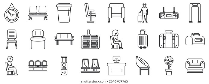 Airport waiting area icons set. Airport lounge scene with various seating, luggage, flight information display, clock, and security elements, creating a travel related atmosphere