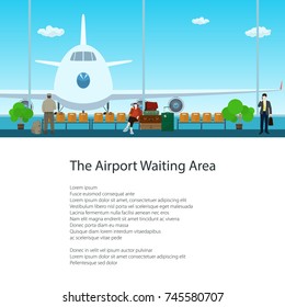 Airport Waiting Area with People and Text, View on Airplane through the Window from a Waiting Room , Travel and Tourism Concept, Poster Brochure Flyer Design, Vector Illustration 