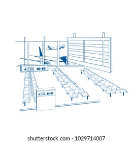 Airport waiting area with seats & windows overlooking aircraft and runways.