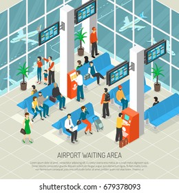Airport waiting area with travelers and luggage information boards airplanes behind windows interior elements isometric vector illustration