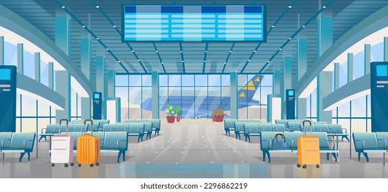 Airport waiting hall by day. Interior inside the airport terminal with chairs and departure board in blue colors. A large hall with high windows and a plane in the parking lot. Vector cartoon illustra